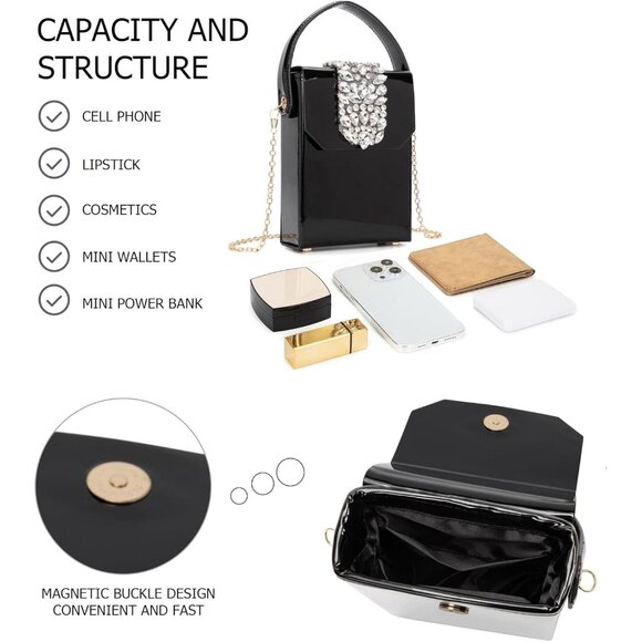 ⚡Women's Evening Rhinestone Box Detachable Chain Strap Black Crystal Clutch Bag - Picture 5 of 6